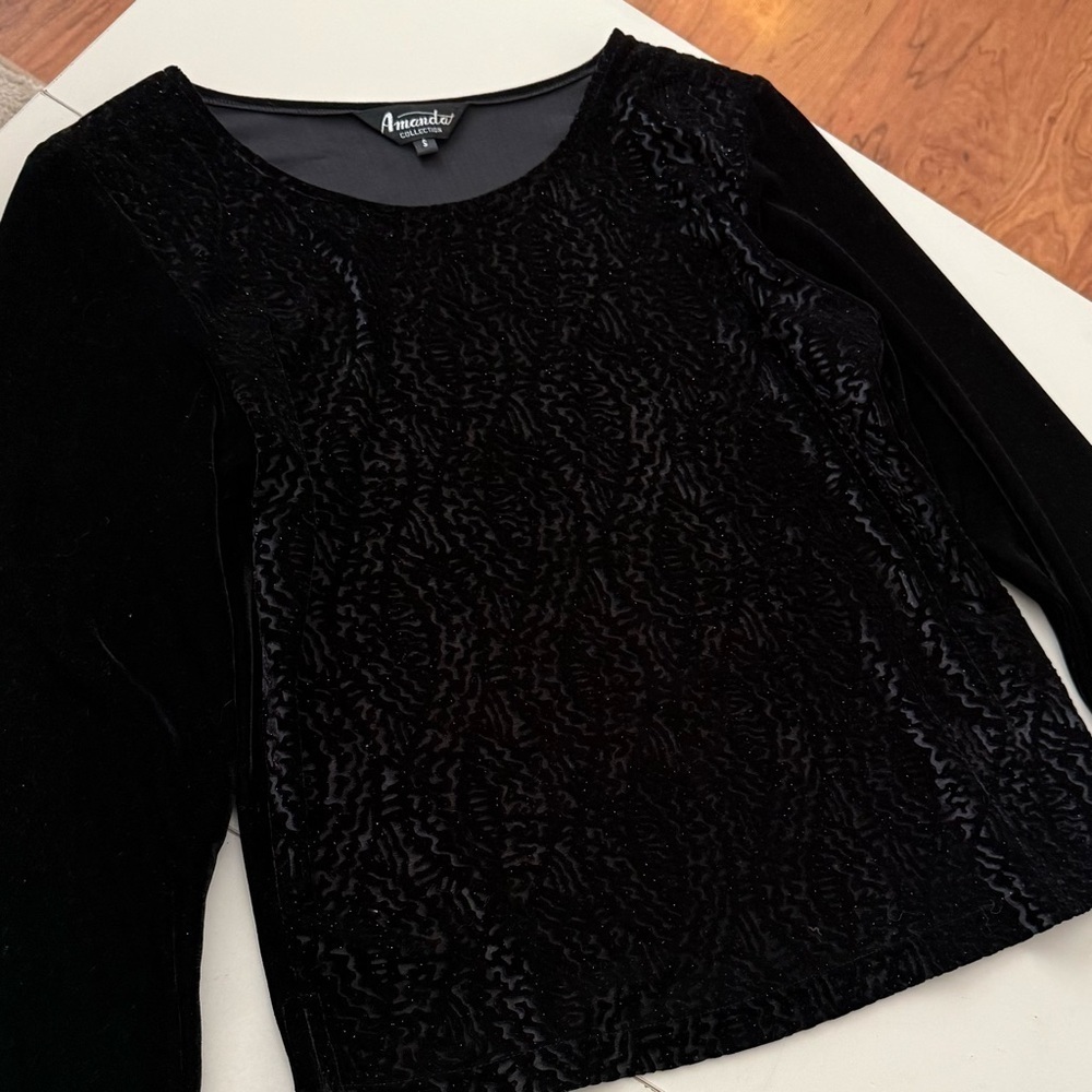 Black Velvet Burnout Textured Blouse Vintage Subtle Sparkle Holiday Party Y2K - Picture 2 of 5